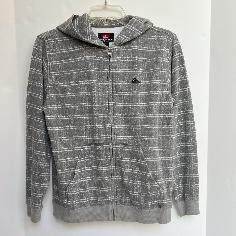 QUIKSLIVER Boys Full Zip Hoodie Jacket Size M Fleece Gray w/White Stripe EUC